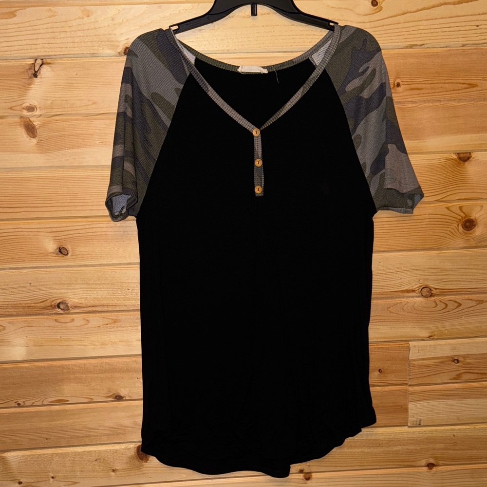 First Look Black Top with Camouflage Sleeves